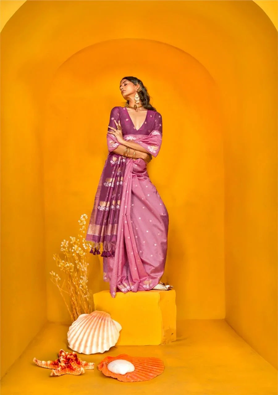 Pink Printed Tussar Silk Saree for Women - kalyanja